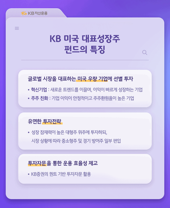 kb 미국 대표성장주 펀드의 특징. 글로벌 시장을 대표하는 미국 우량기업에 선별하여 투자합니다. 